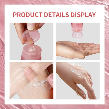 Product usage demonstration with close-up shots of a hand applying a clear gel to skin.