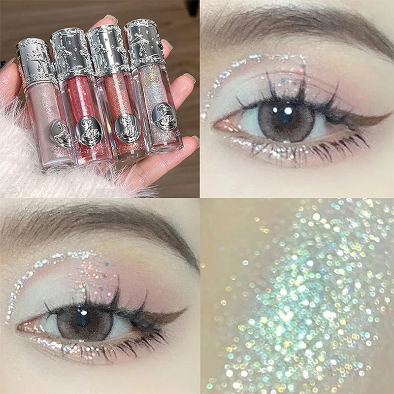 Collage of lip gloss bottles, glittery eye makeup, and close-up of glitter.