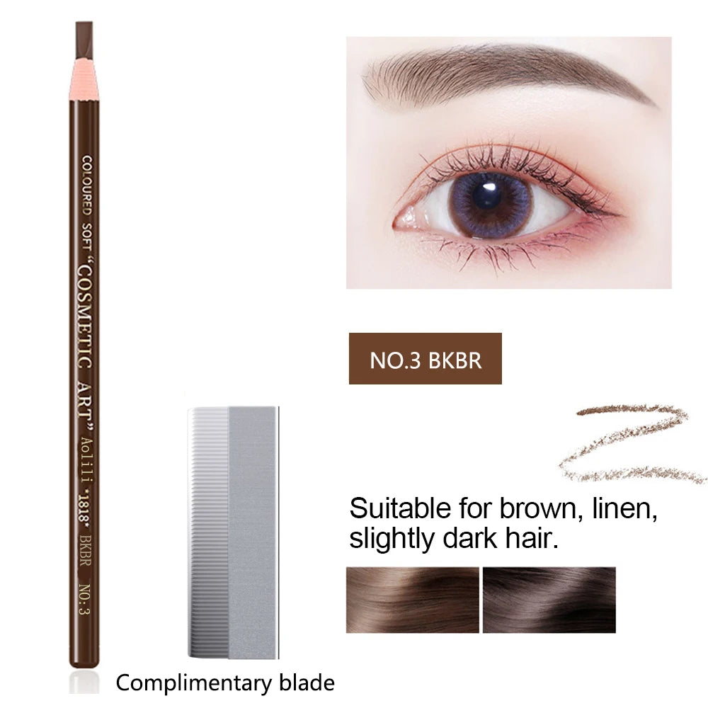 Cosmetic brow pencil with an eye, comb, and hair color swatches on a white background