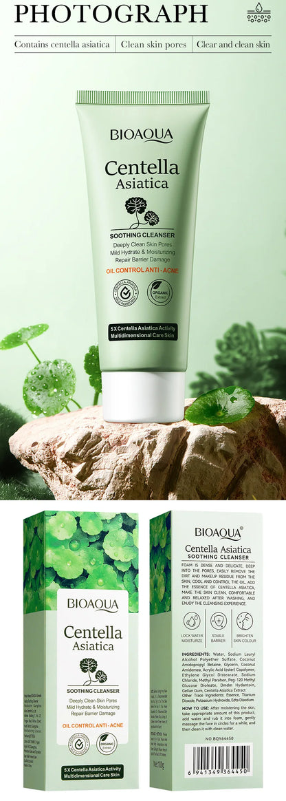 Bioaqua Centella Asiatica skincare product with packaging on a green background