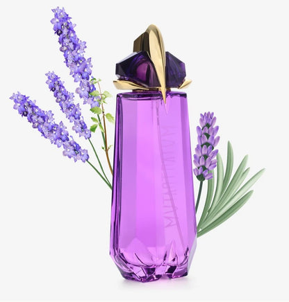 Purple perfume bottle with lavender flowers on a white background