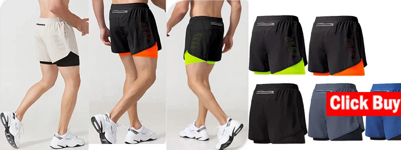 Shorts displayed on models and arranged in a row with 'Click Buy' button.
