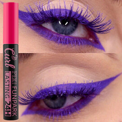 Close-up of a eye with purple eyeliner and a pink makeup product labeled 'Fix! Funpark' on a beige background.