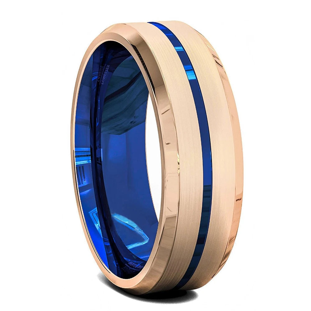 Rose gold ring with blue inlay on a white background