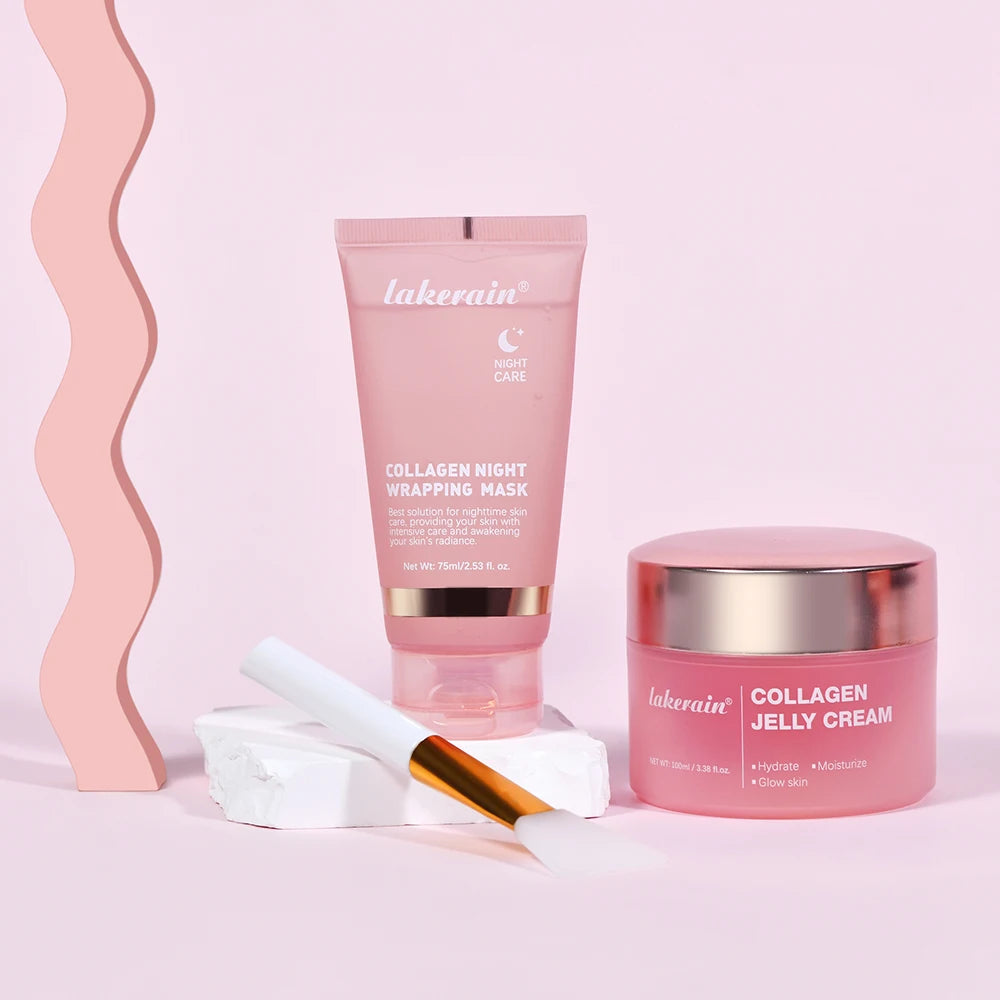 Lakerain collagen night wrapping mask and jelly cream on a pink background