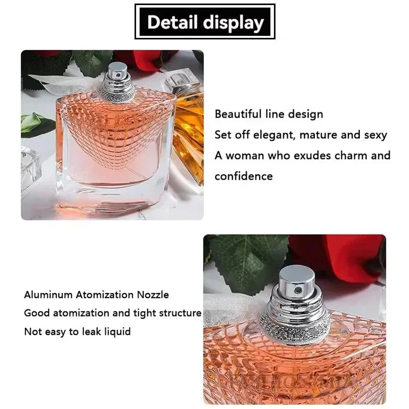 Perfume bottle with detailed features and design elements.