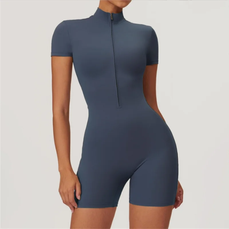 Blue bodysuit with a front zipper on a plain background