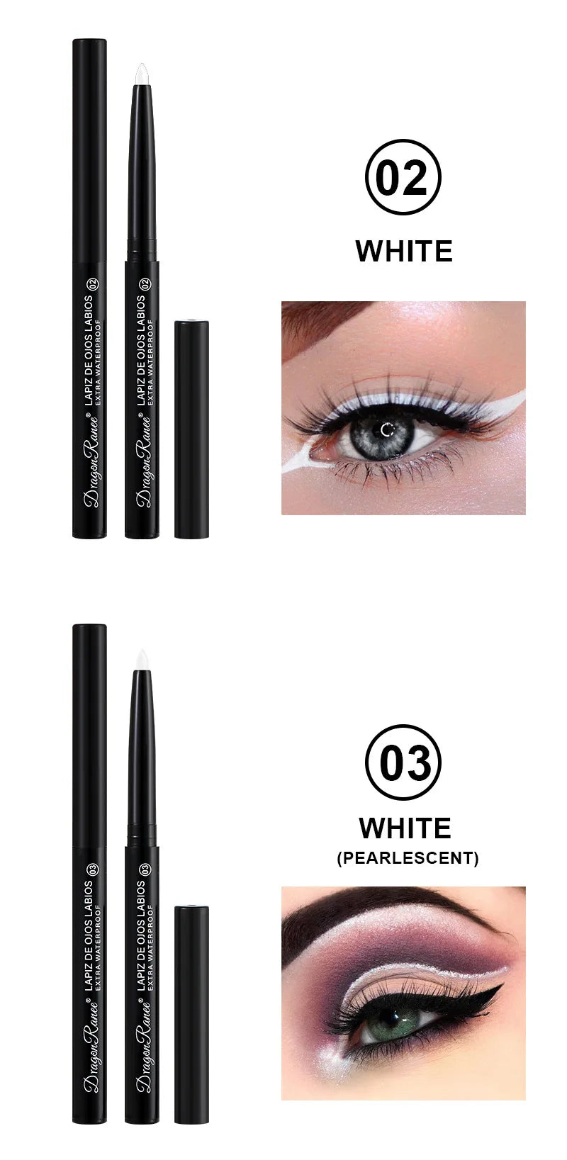 Eyebrow pencils with color options and eye makeup examples on a white background