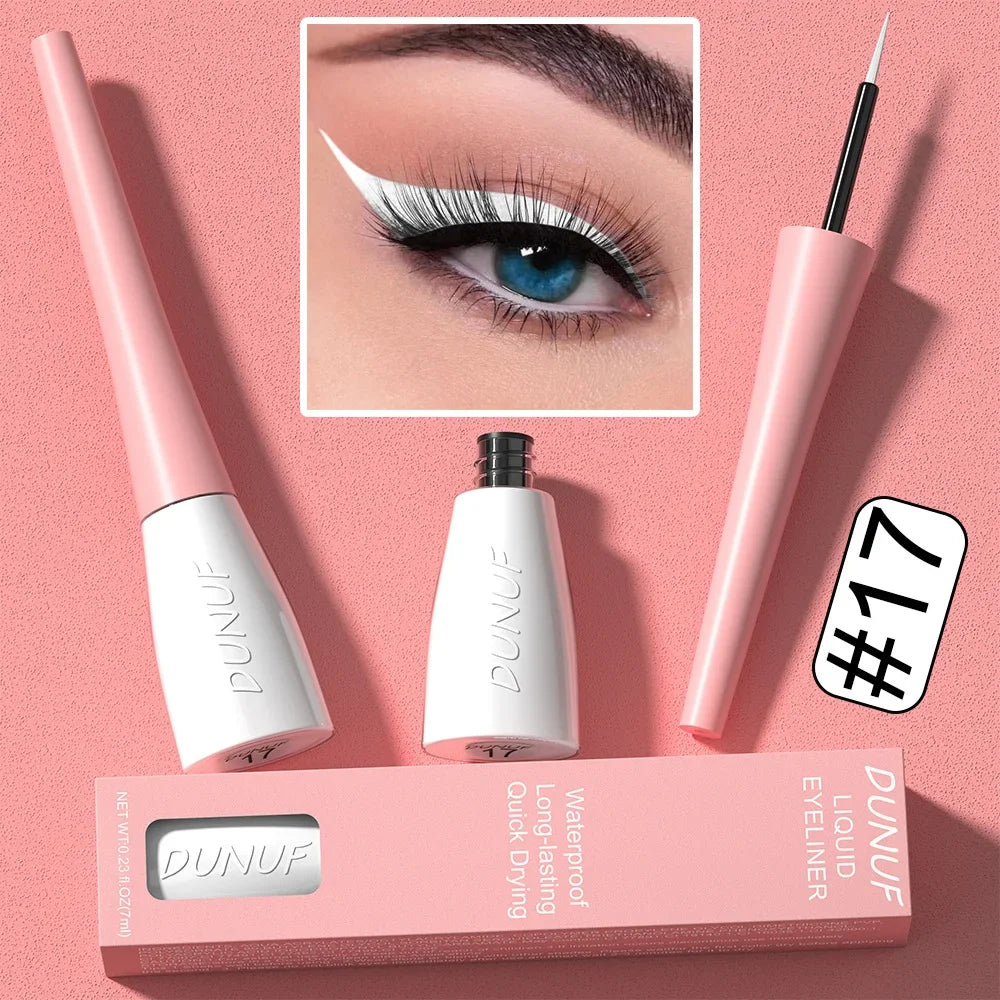 Dunuf liquid eyeliner with packaging on a pink background