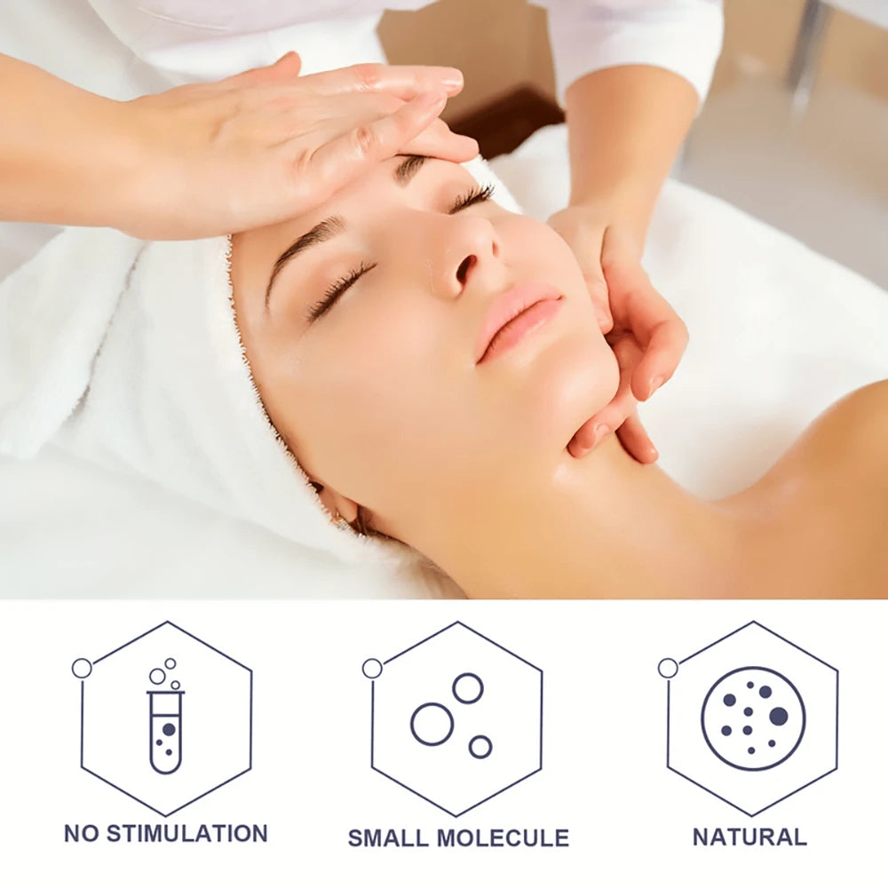 Woman receiving a facial with icons labeled 'No Stimulation', 'Small Molecule', and 'Natural' at the bottom.