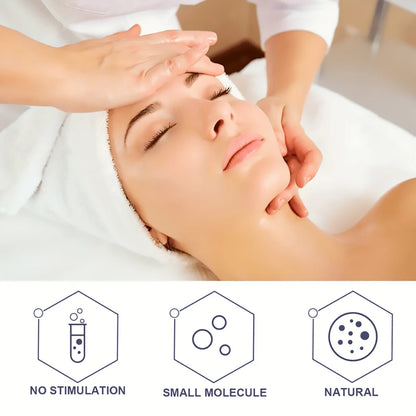 Woman receiving a facial with icons labeled 'No Stimulation', 'Small Molecule', and 'Natural' at the bottom.