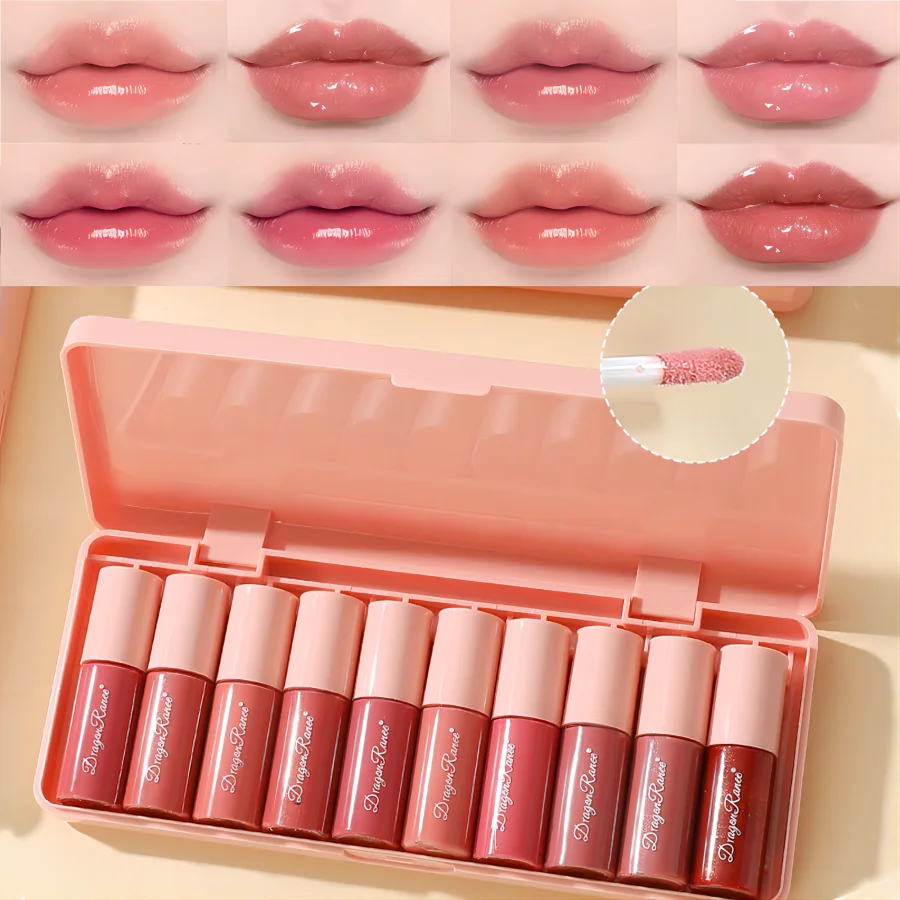 Set of lip glosses in a pink case with swatches above on a beige background