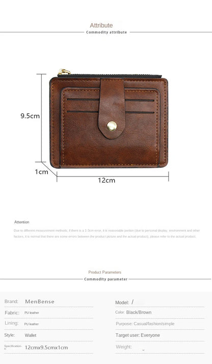 Brown leather wallet with dimensions on a white background