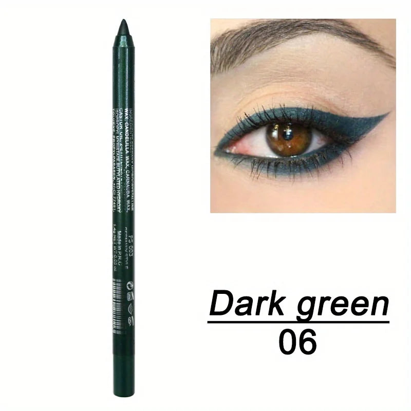 Dark green eyeliner pencil with an inset of a brown eye wearing the eyeliner.