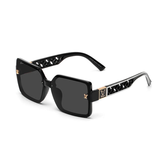 Black sunglasses with decorative frame on a white background