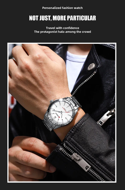 Person wearing a watch with a black jacket and white shirt, text about personalized fashion watch.