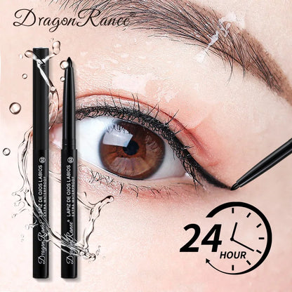 Eyeliner product with eye close-up and '24 Hour' clock, Dragon Rance branding.