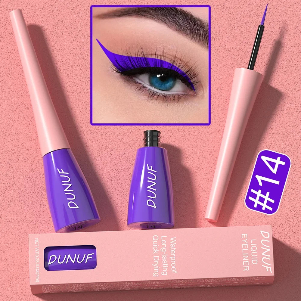 DUNUF liquid eyeliner with packaging on a pink background