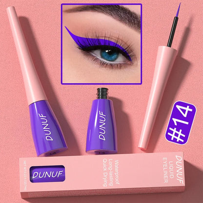 DUNUF liquid eyeliner with packaging on a pink background