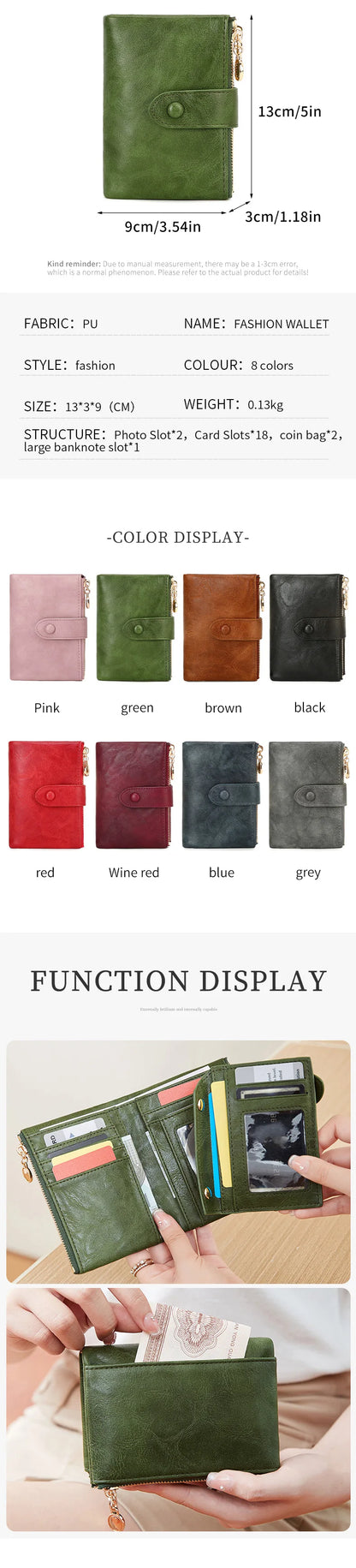 Green leather wallet with dimensions, color display, and function display on a white background.