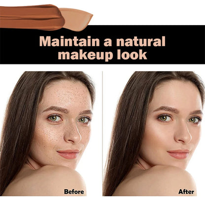 Before and after comparison of a natural makeup look with a woman's face.