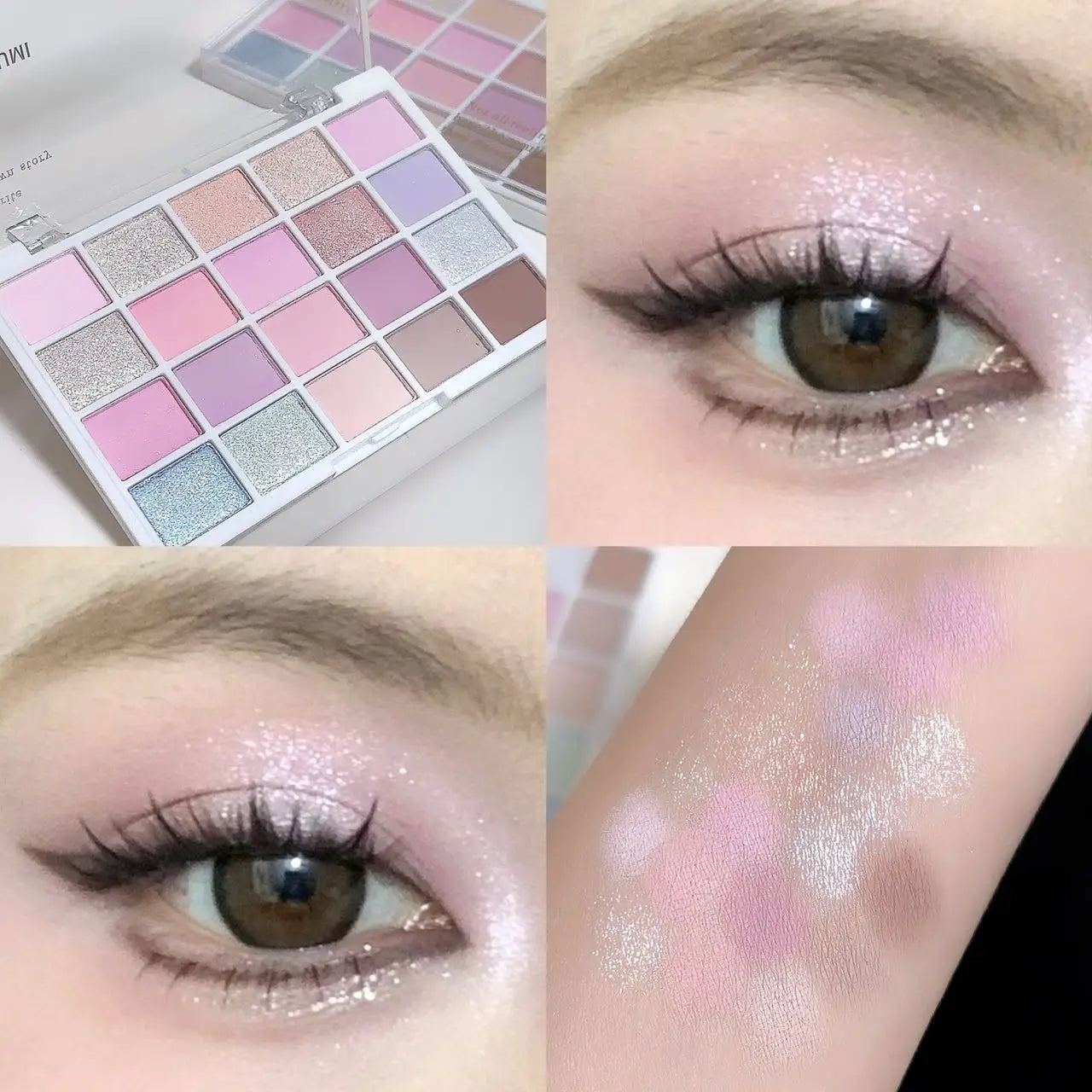 Makeup palette with eyeshadow swatches and close-ups of eyes wearing glittery makeup.