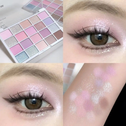 Makeup palette with eyeshadow swatches and close-ups of eyes wearing glittery makeup.