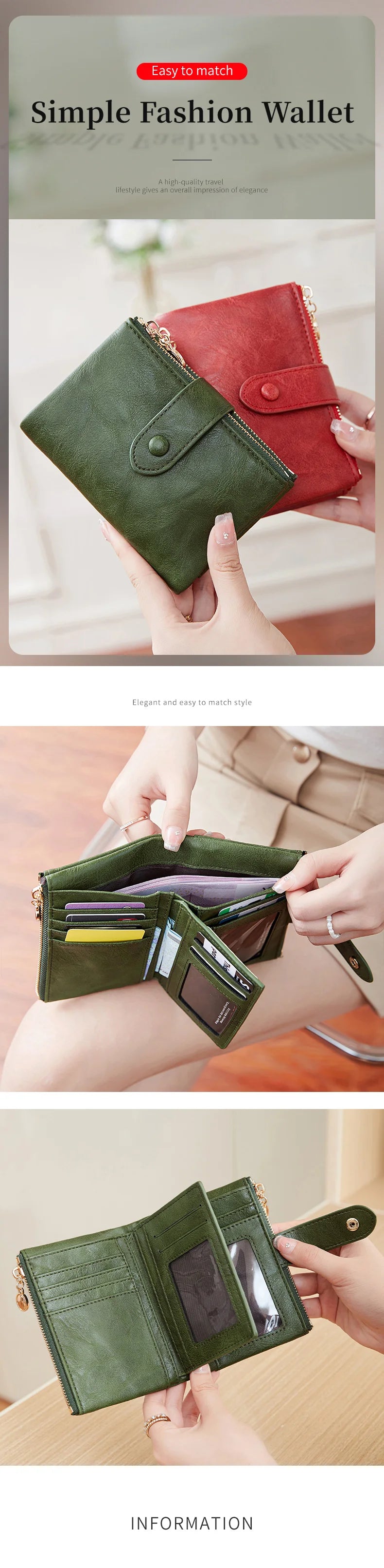 Green wallet being held open by a hand with a blurred background