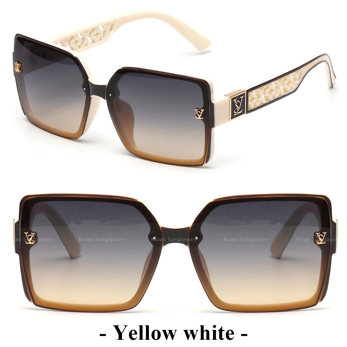 Sunglasses with a yellow and white frame on a white background