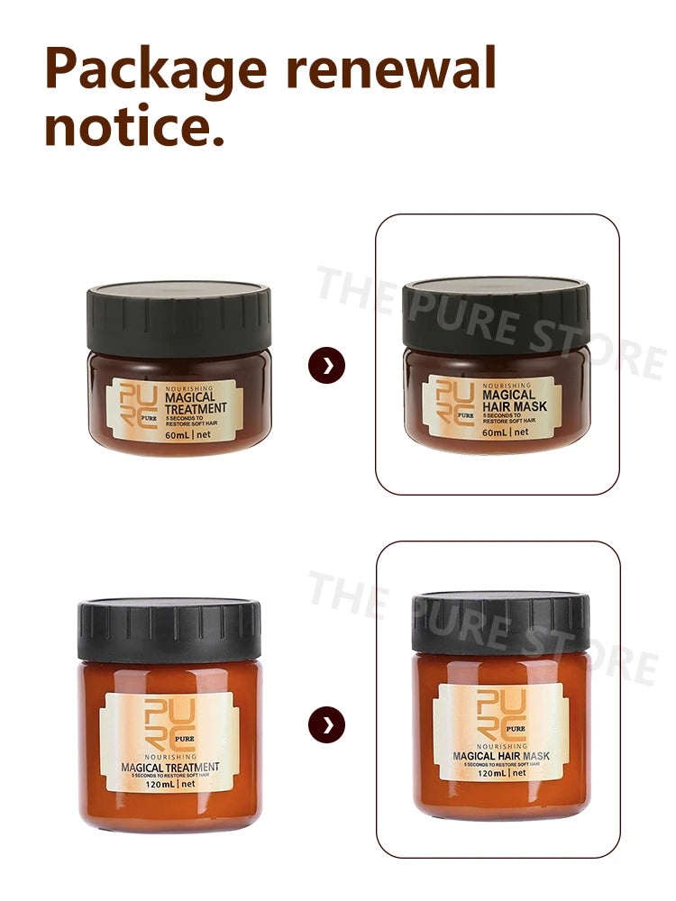 Four jars of 'PURE STORY' magical hair mask on a white background with text.