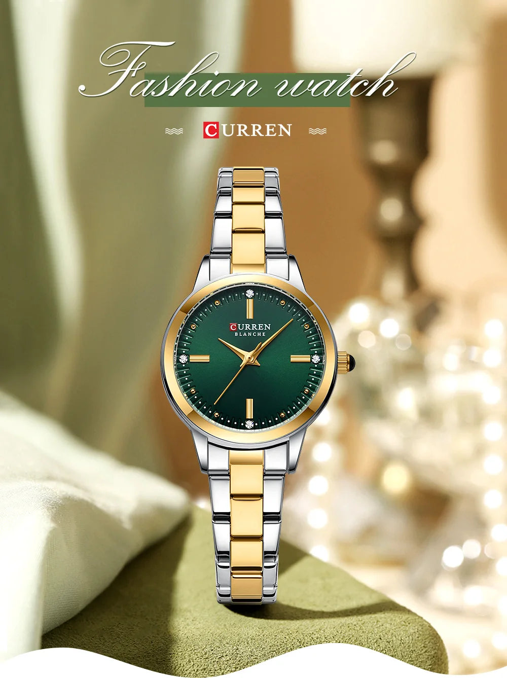 Two-tone silver and gold watch with green face on a soft surface, brand 'Curren' visible.