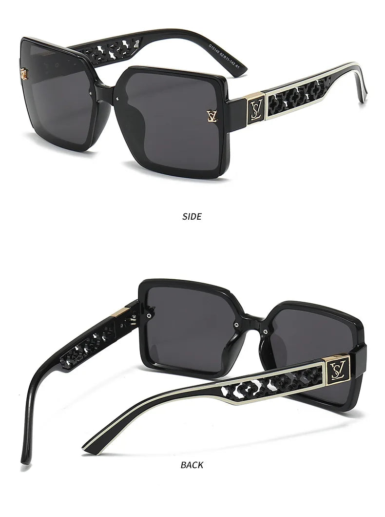 Black sunglasses with decorative frame shown from side and back on a white background