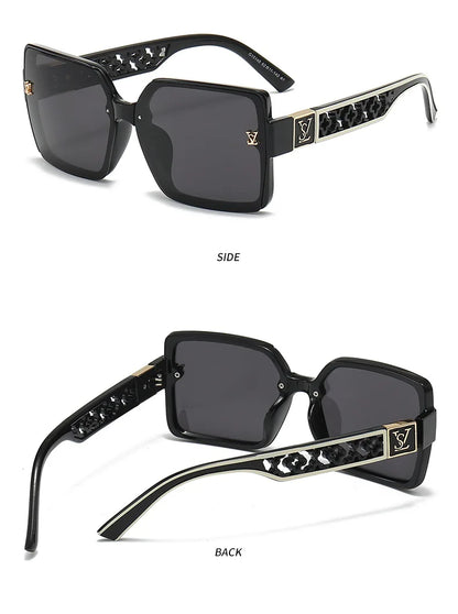 Black sunglasses with decorative frame shown from side and back on a white background