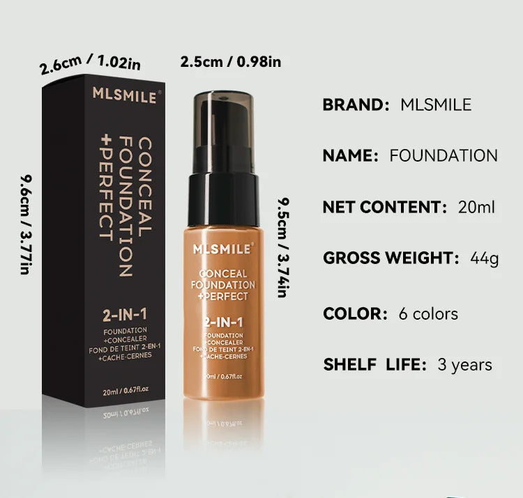 Mlsmile concealer foundation bottle and packaging with specifications on a gray background