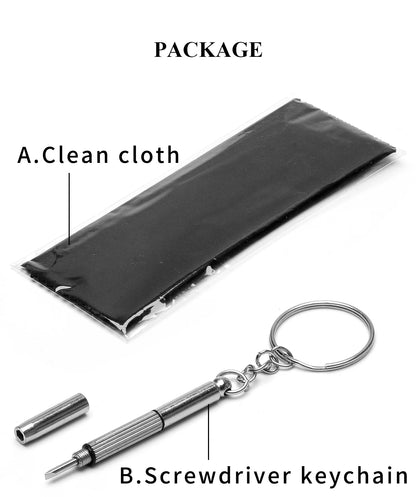 Screwdriver keychain and clean cloth with packaging on a white background