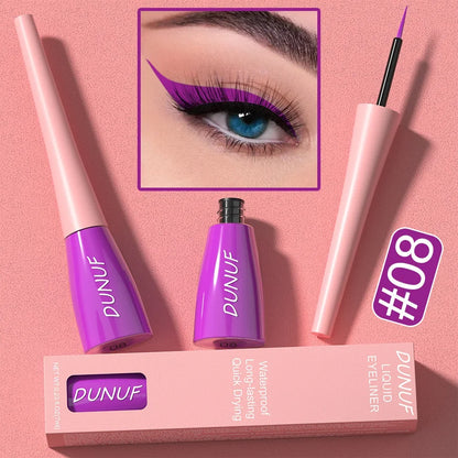 DUNUF liquid eyeliner set with packaging on a pink background