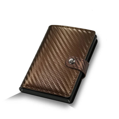 Brown textured wallet with a metallic button on a white background