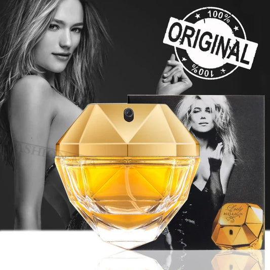 Gold perfume bottle with a woman's face and 'Original' stamp in the background
