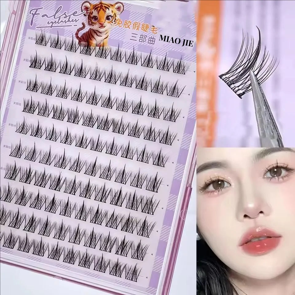 False eyelashes set with a woman wearing them on a white background
