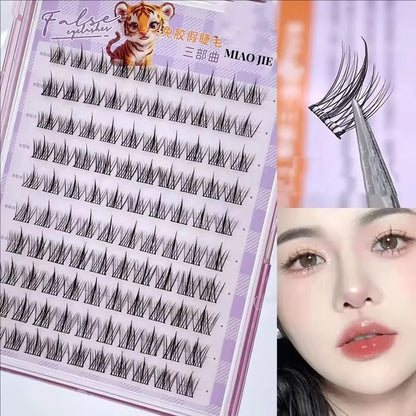 False eyelashes set with a woman wearing them on a white background