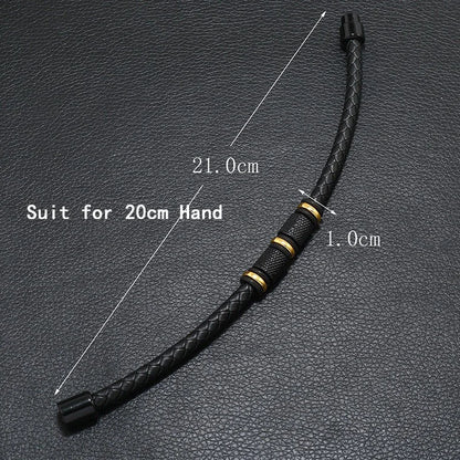 Black braided leather strap with measurements on a textured black background