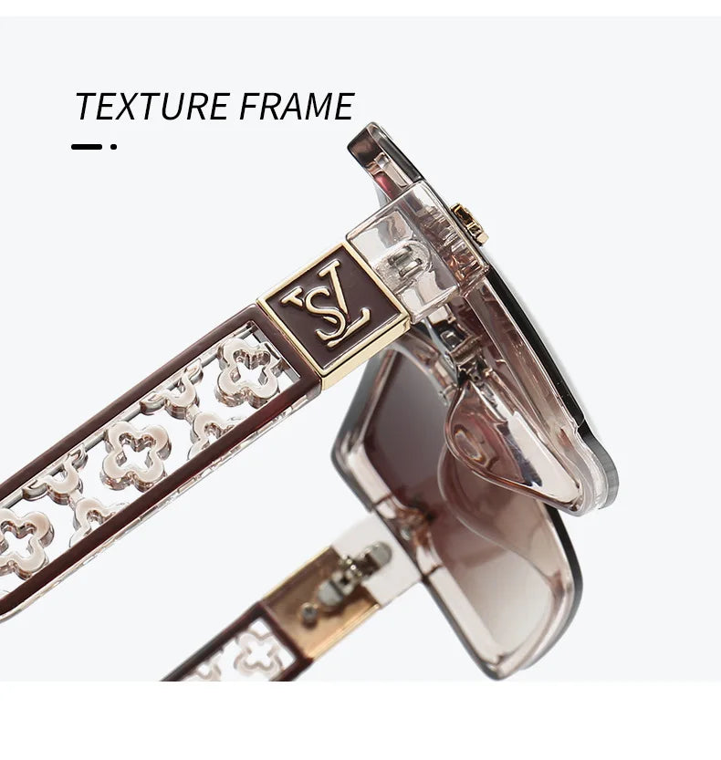 Sunglasses with a textured frame and brand logo on a white background