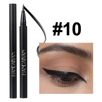 Black eyeliner pen with 'HANDAIVAN' branding, close-up of eye wearing the eyeliner, and '#10' text.