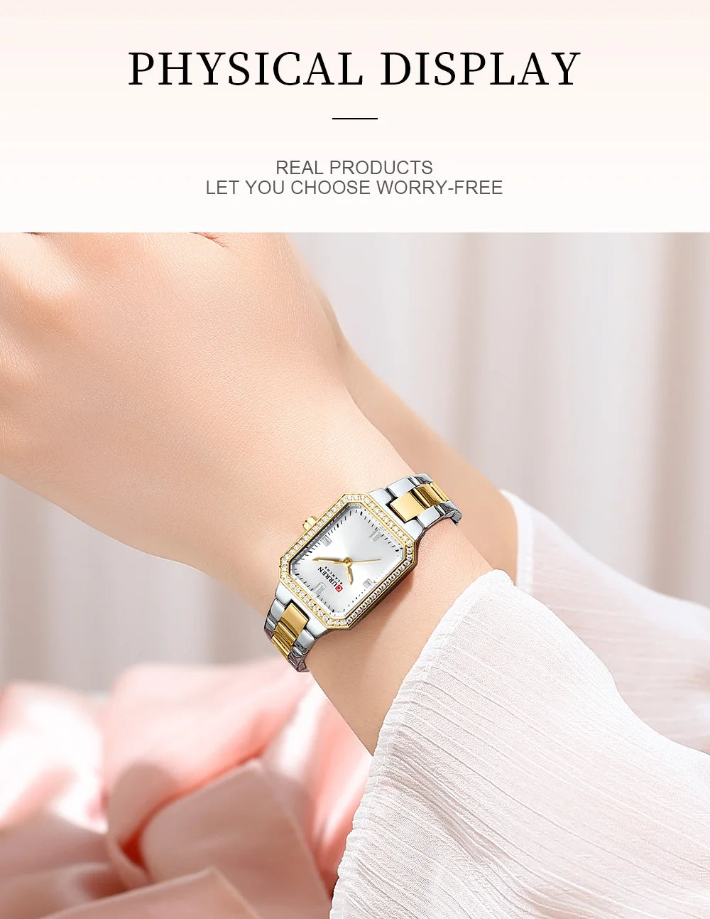 Gold and silver watch on a wrist with a soft background