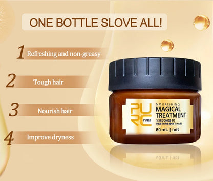 Jar of hair treatment with features listed on a beige background