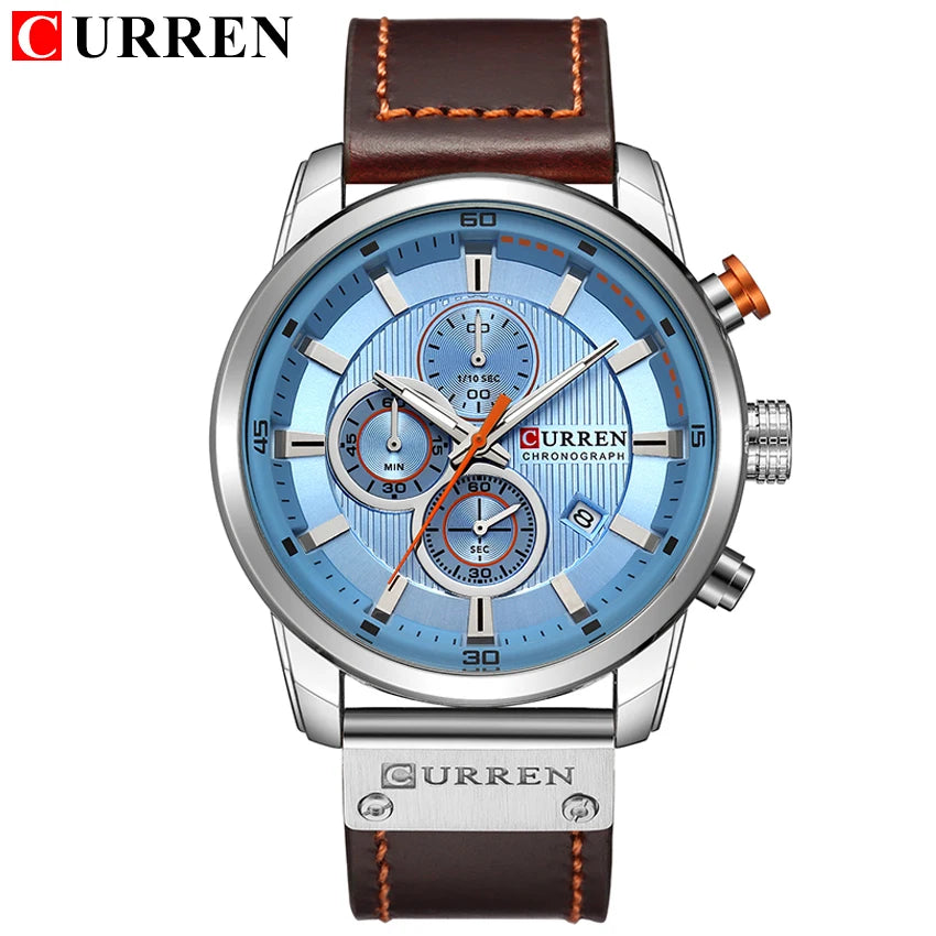 Curren watch with blue face and brown leather strap on a white background