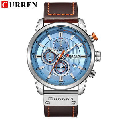 Curren watch with blue face and brown leather strap on a white background