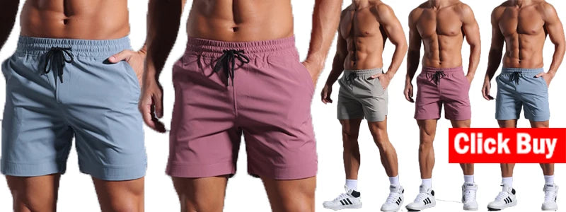 Five men wearing different colored shorts with a 'Click Buy' button.