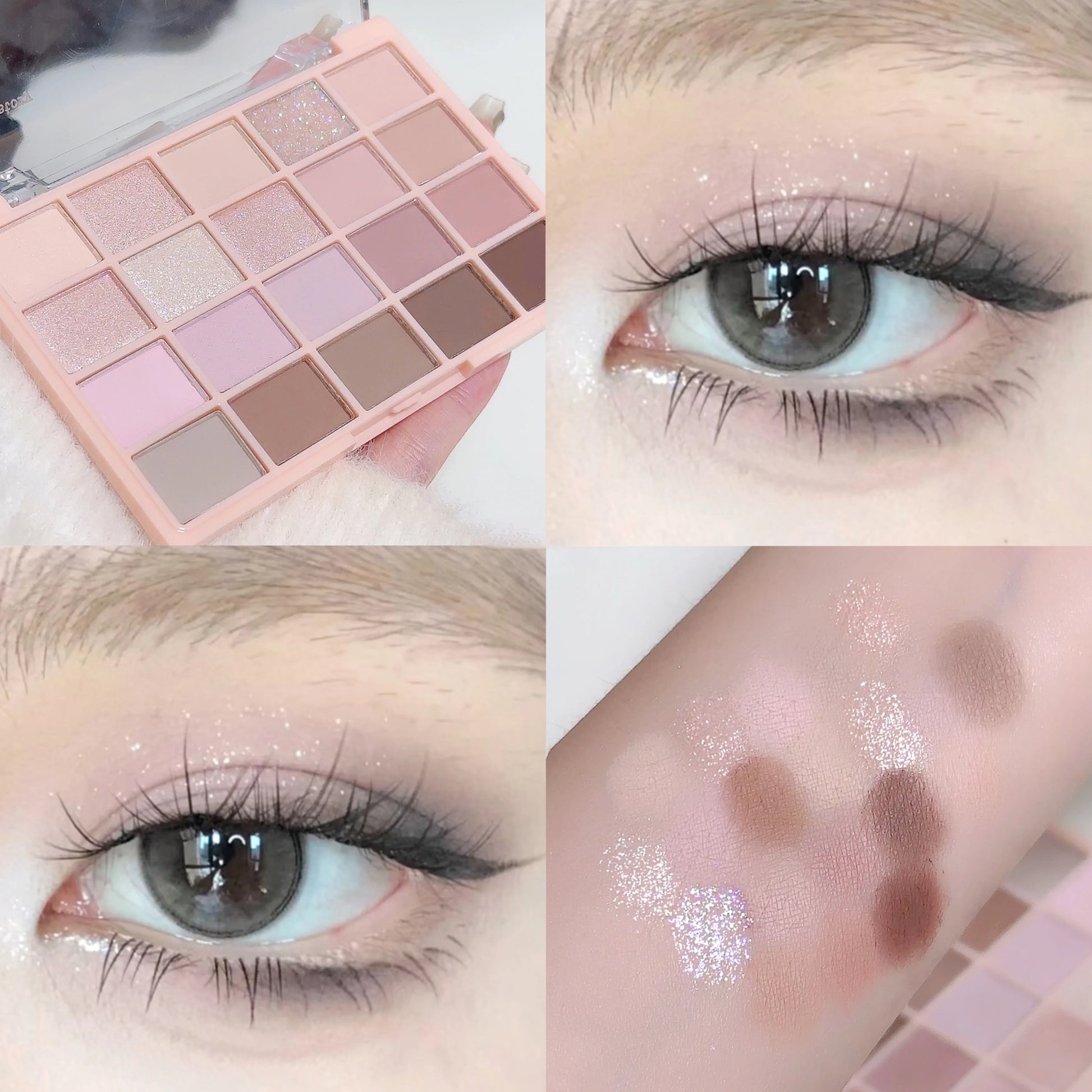 Makeup palette with eye makeup application on a white background
