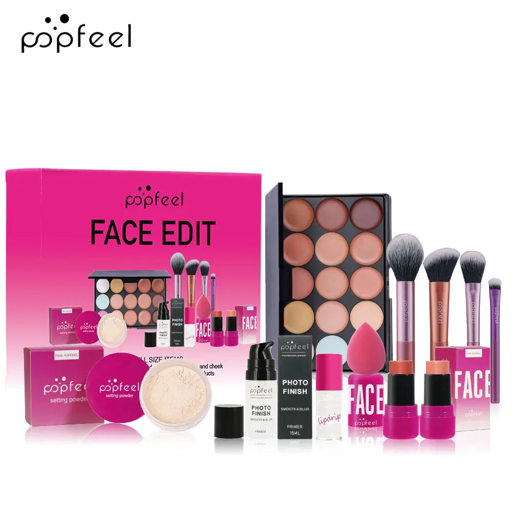 Popfeel makeup product set with various items on a white background